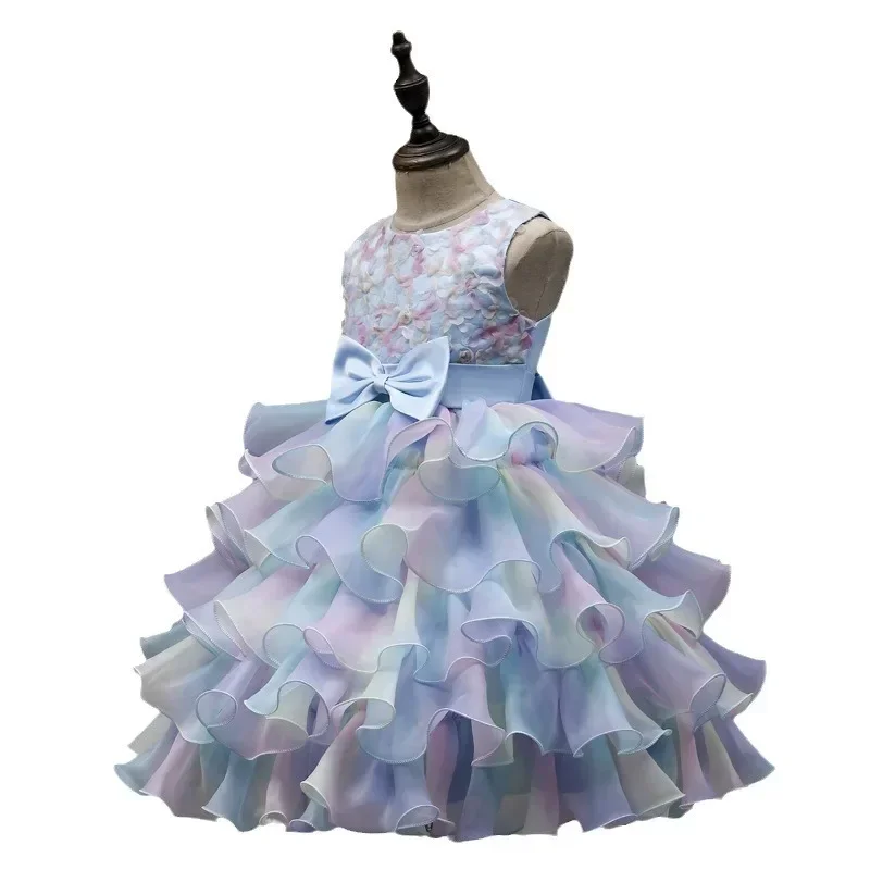 2024 Summer Girls\' Dress Sleeveless Fluffy Bow Dress Children\'s Birthday Party Evening Dresses 4-9T Princess Dress  Party Dress