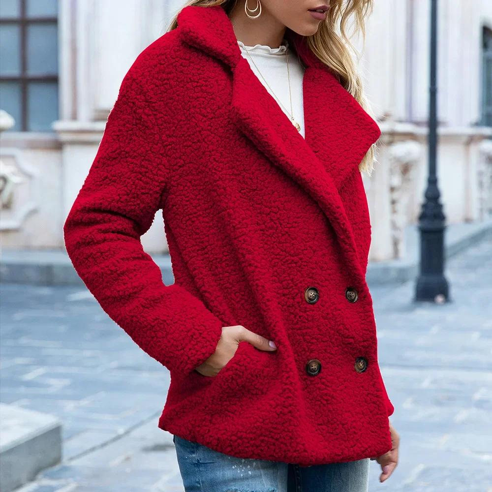 European and American Autumn and Winter Plush Splicing Coat, Solid Color Double Breasted Lapel Long-sleeve Casual Coat Women