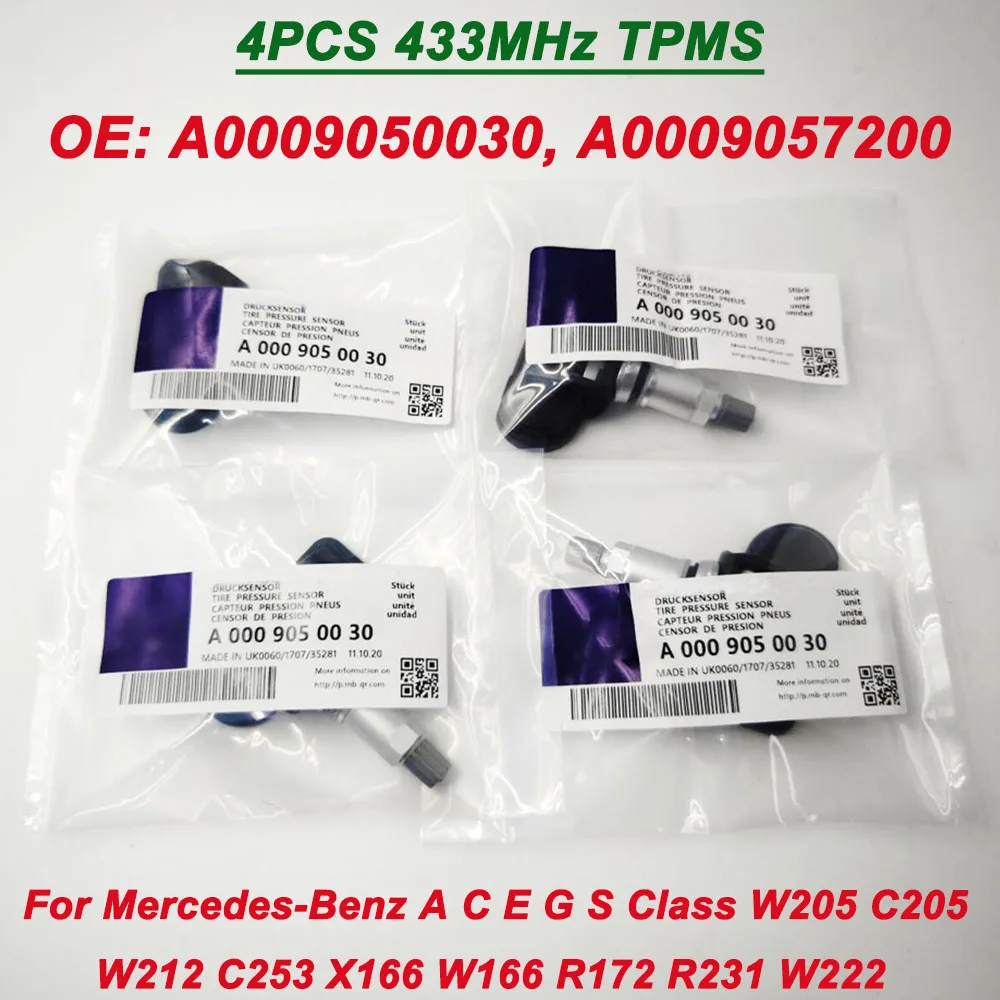 4Pcs A0009050030 A0009057200 433MHZ TPMS Tire Pressure Sensor For Mercedess A C E G S Class Smart AMG Sprinter 9057200 9050030