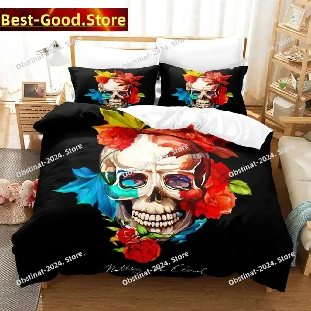 3D Skeleton Skull Bedding Set Printed Bed Set Duvet Cover Sheet Pillowcase Bed Soft Quilt Cover Full Queen King Size Rose Flower