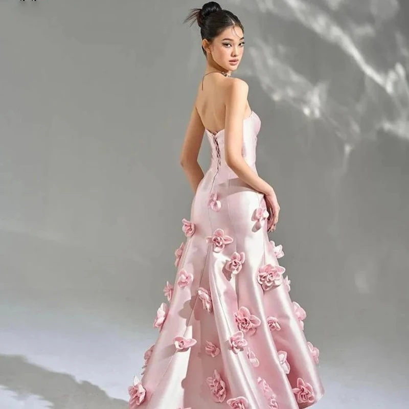 Vestido de noite sereia cetim sem alças para mulheres, vestidos rosa elegantes, flores 3D, vestido de festa artesanal, 2024