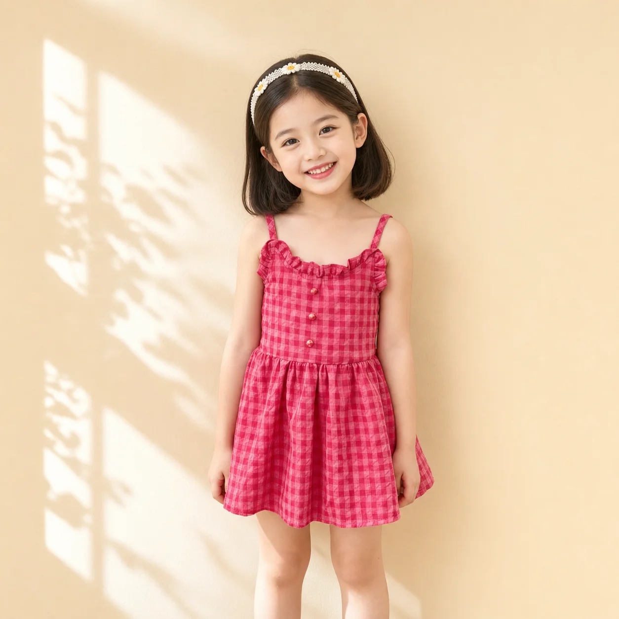 Encantador Vestido Rojo con Estampado de Cuadros Vichy para Niñas con Detalles de Volantes, Corte Holgado, Perfecto para Sesiones de Fotografía al Aire Libre y Uso Diario