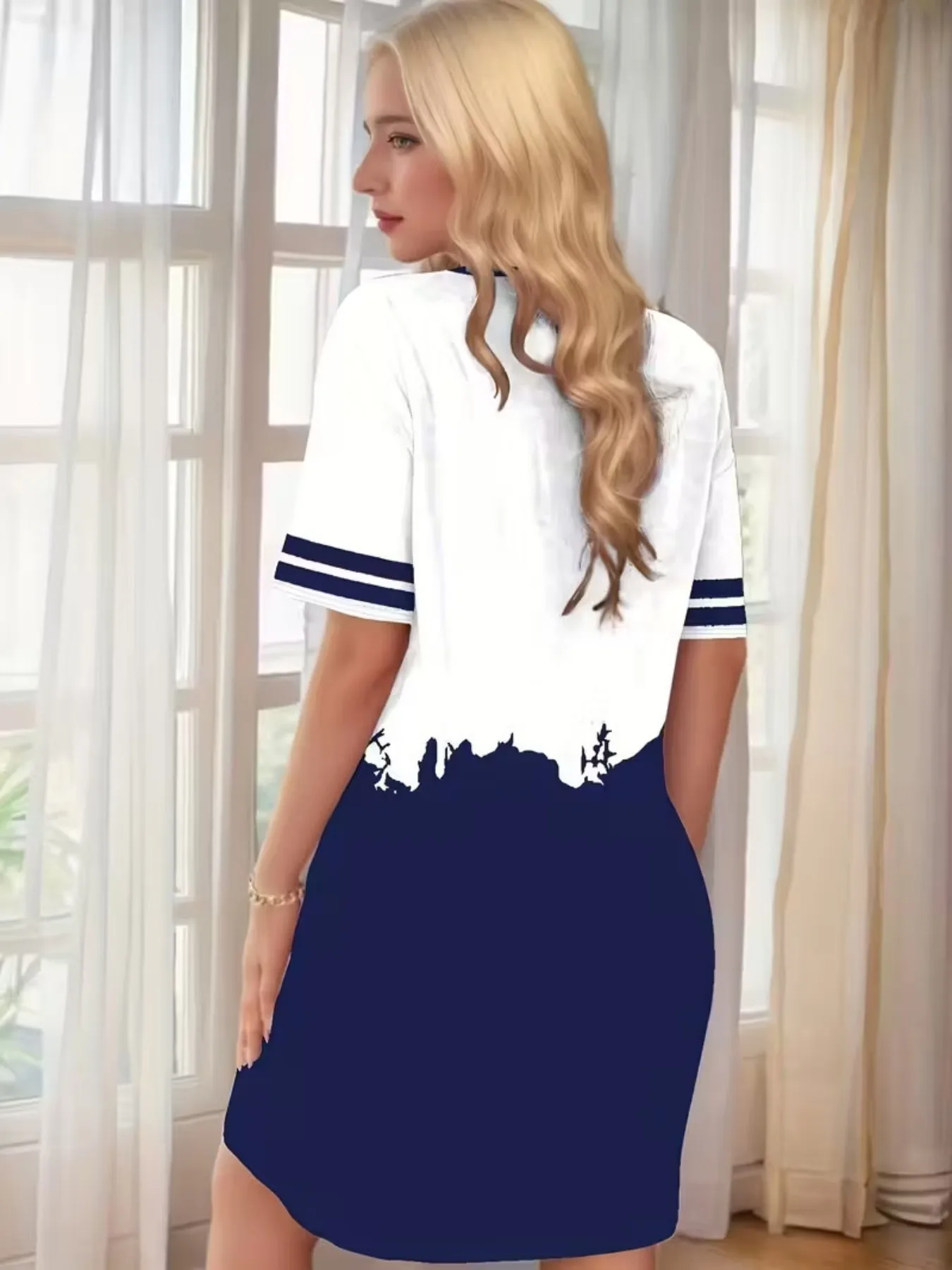 Navy Style Contrasting Anchor and Wave Pattern Women's Round Neck Short-Sleeved Home Nightgown Dress