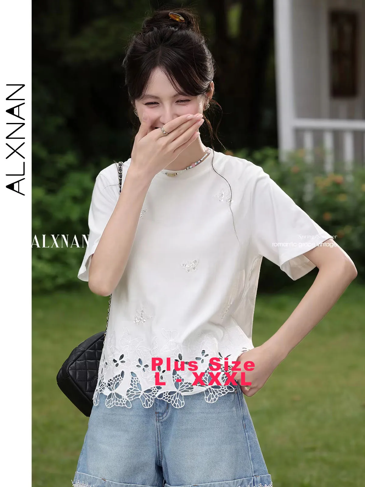 

ALXNAN Plus Size White T-shirt Embroidered Hollow Cotton 100% T-shirt 2025 Summer Casual Elegant Women's Short Sleeve Top D11508