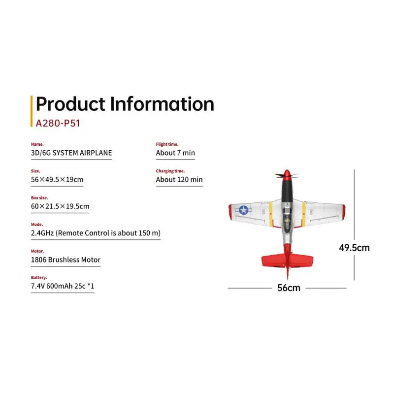XK A280 P-51 3D/6G System 560mm Wingspan 2.4GHz 4CH EPP RC Airplane Fighter RTF With LED Lights for Beginner