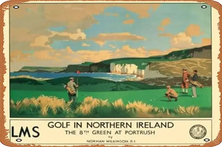 Vintage Metal Tin Signs Golf at Royal Portrush, Co Antrim, Northern Ireland. Vintage LMS Irish Travel poster by Norman Wilkinson