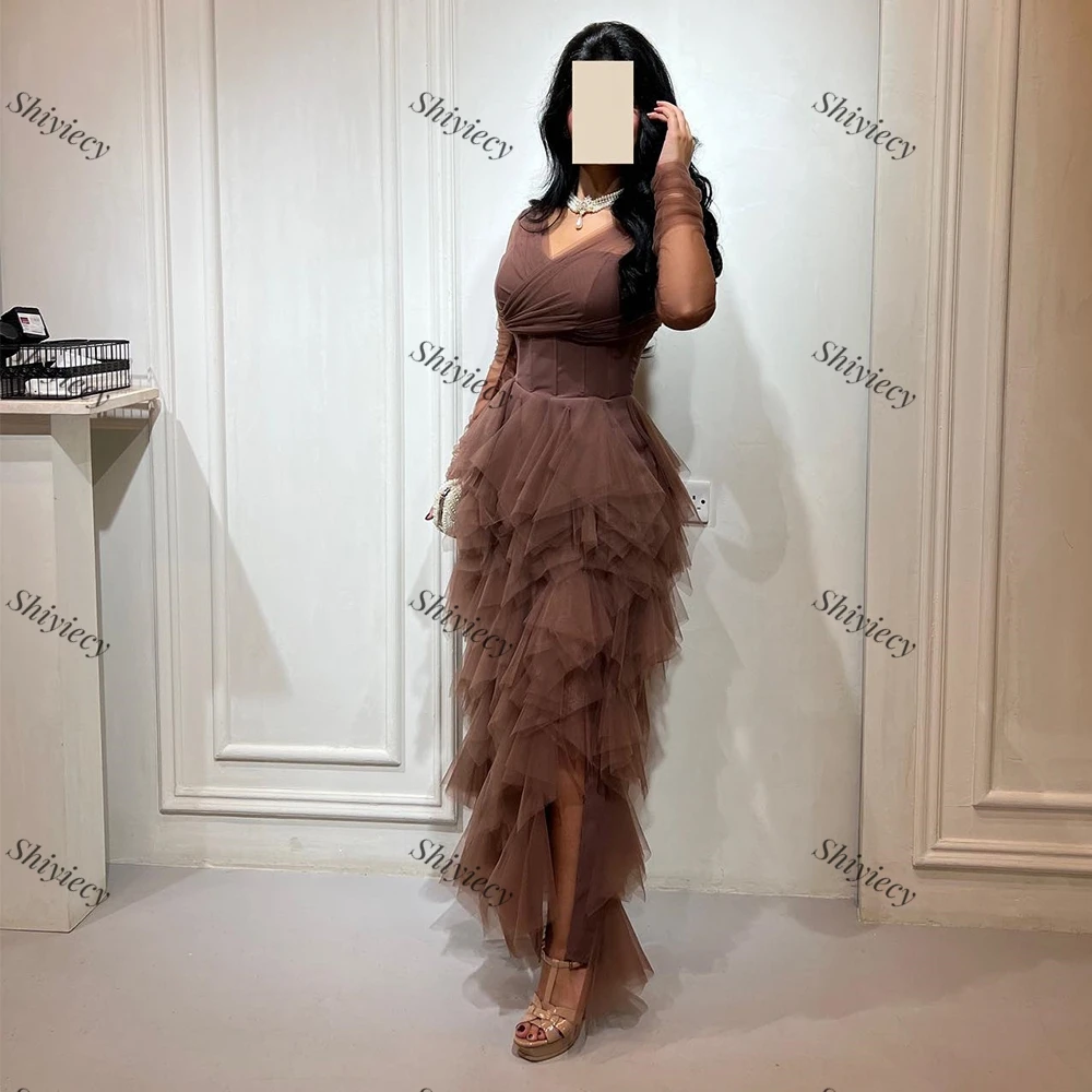 Elegant Tulle V-neck Evening Dress Saudi Arabia Long Sleeves Tiered Ankle Length Party Prom Gowns Side Split Vestido De Festa