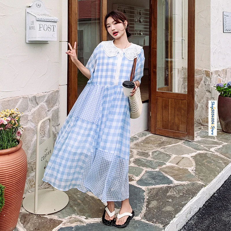 

2024 Summer Splice Peter Pan Collar Short Sleeve Loose Plaid Dress for Women Elegant Sweet Korean Style Maxi Dresses Girl 2833