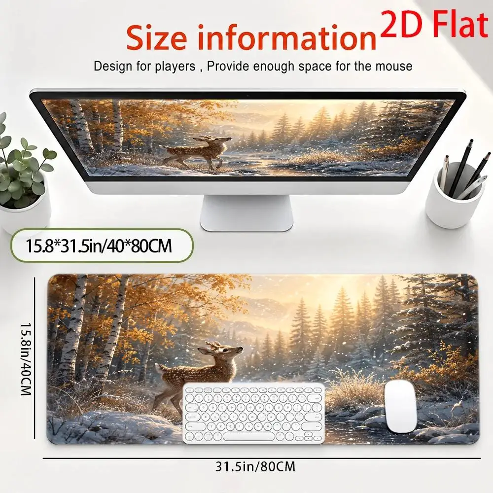 Winter forest deer large mouse pad, snow scene birch tree desktop pad, stain-resistant and durable desk accessories