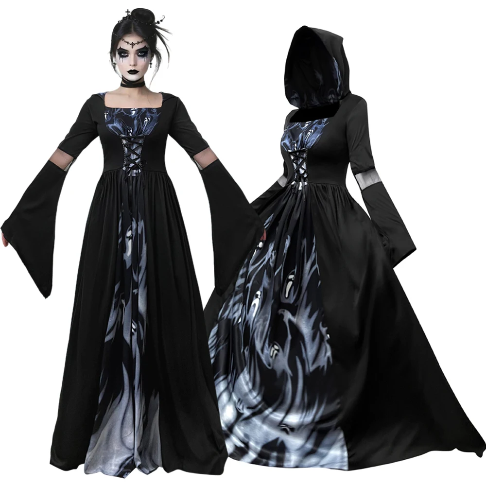 

Halloween Witch Cosplay Costume Skeleton Witch Dress Hood Sorcerer Stage Performance Uniform Medieval Clothes