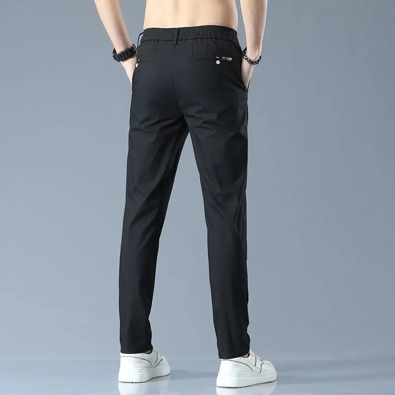 Pantalones ajustados finos de secado rápido para hombre, ropa de calle informal, moda coreana, Pantalones rectos de seda de hielo versátiles, talla grande, Verano