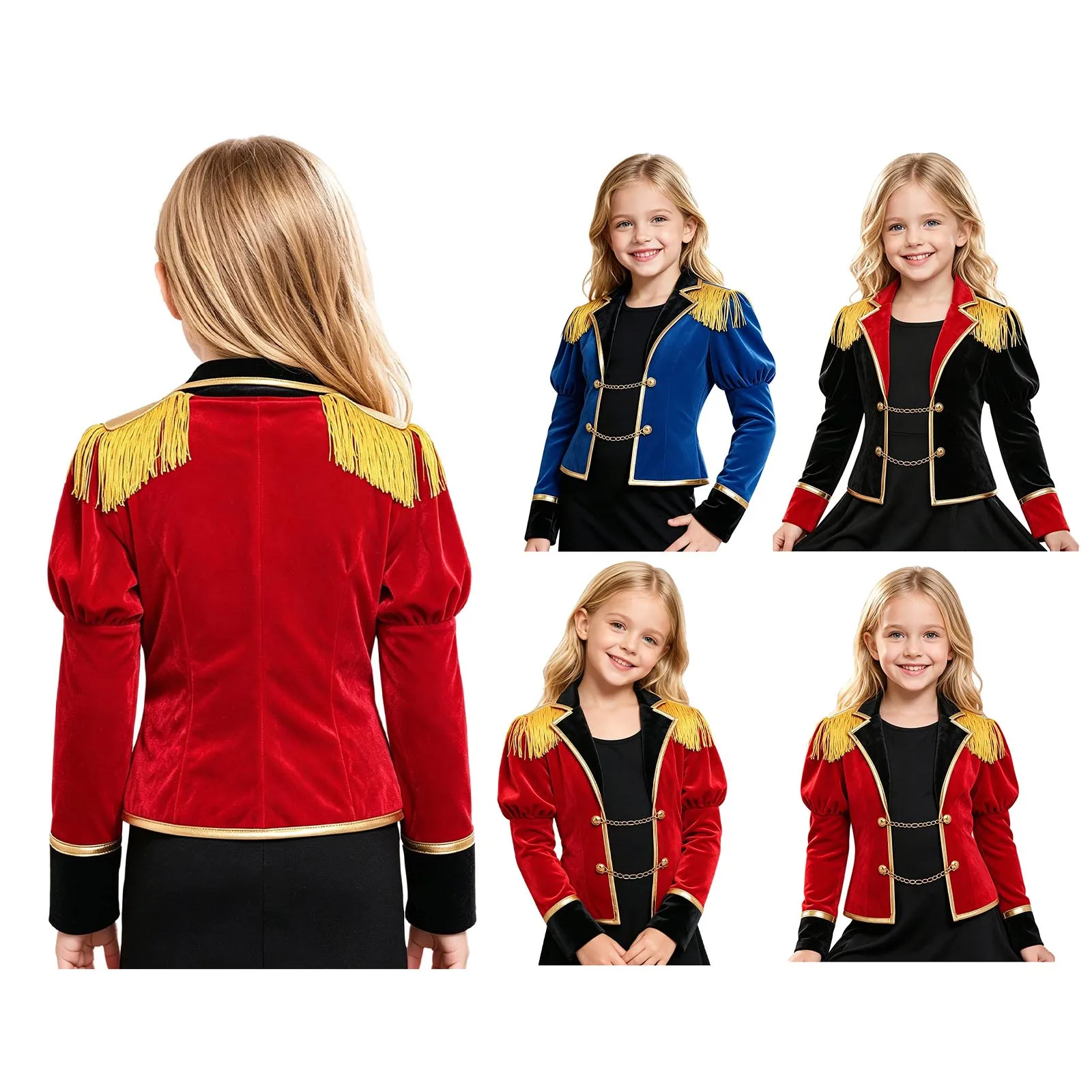 Kids Girls Coat Lapel Long Puff Sleeve Fringe Epaulet Metal Chain Jacket Circus Ringmaster Costume Carnival Dress Up Clothes