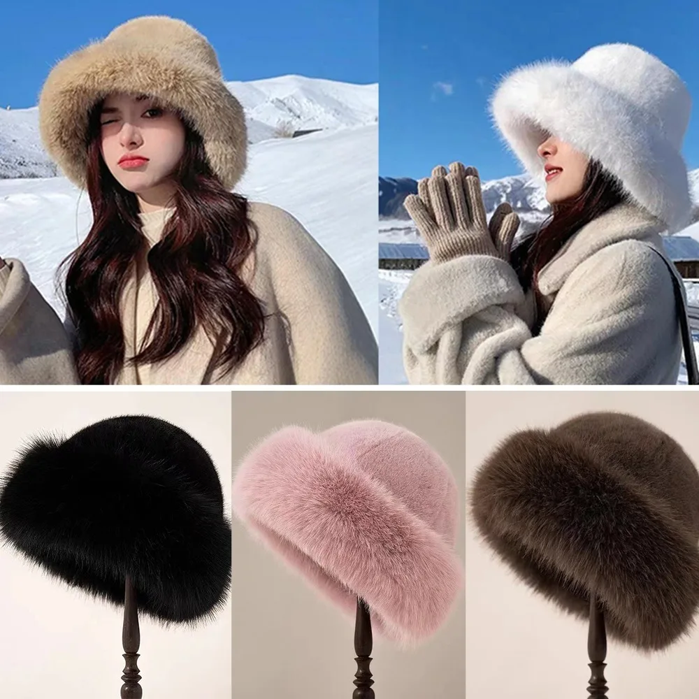 New Fluffy Fur Winter Hat Plush Solid Color Fisherman Hat Cold Windproof Thicken Bucket Hat for Women Girls