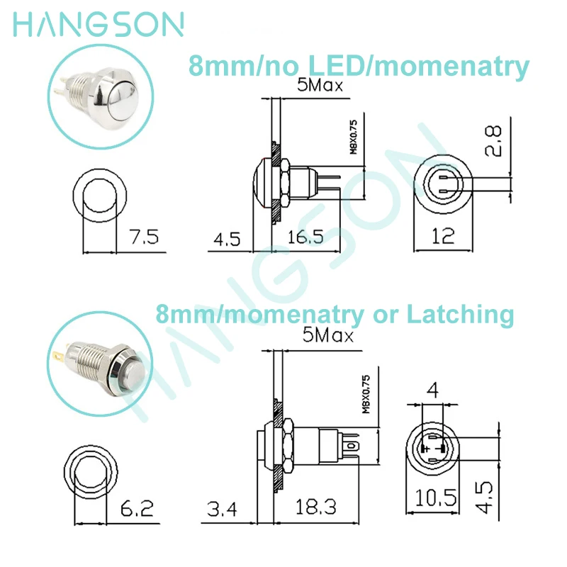 8MM 10MM MINI Metal Switch Self-Reset LED Latching Switch Momentary Yellow GREEN RED Push Button Switch