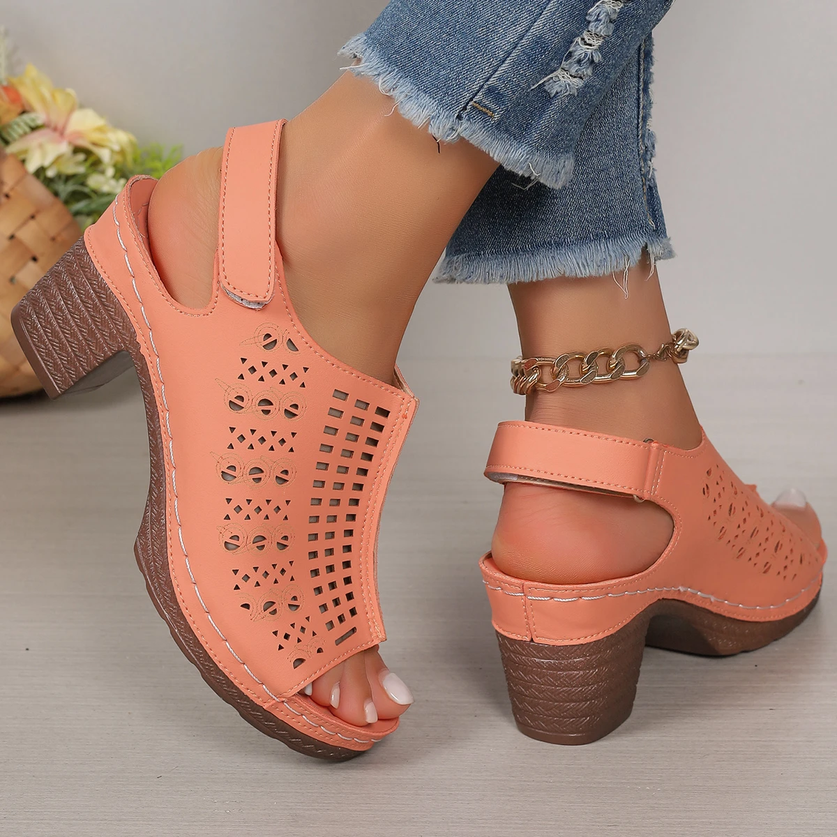 Women\'s Shoes Sandals Nice Summer New Thick Heels High-heeled   Trade Cross-border Casual Comfortable Beach Heels  Women Shoes