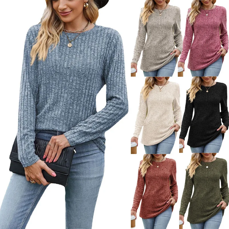 

Womens Long Sleeve Blouse Solid Color Wool Knitted Round Neck T-Shirts Basic Loose Fit Top Casual Tees Fashion Female Shirts