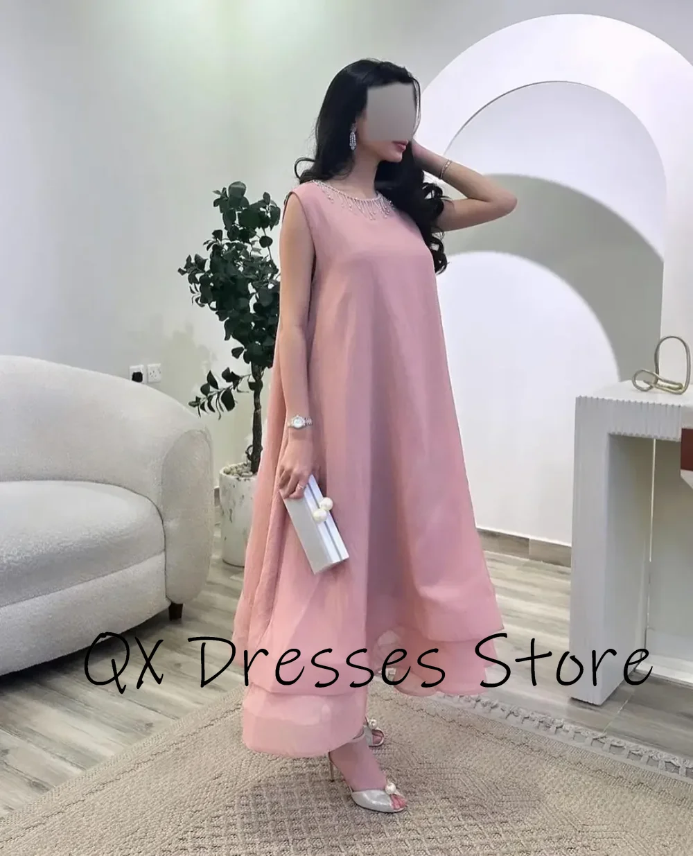 Exquisite Simple Crew neck Evening Dresses Sleeveless Zipper Back Prom Dresses A-line Beadings Tea-Length Party Dresses