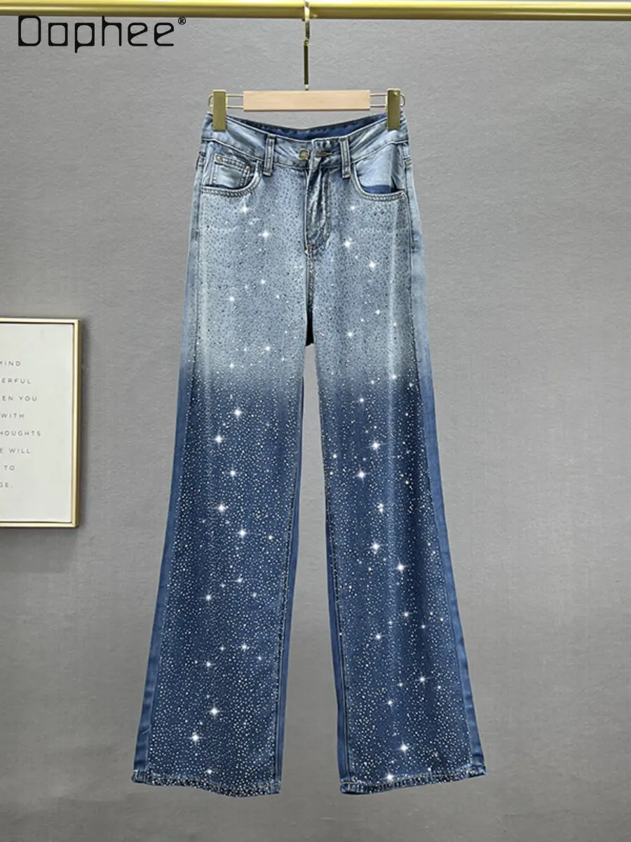 Fashionable Starry Diamond Jeans Women's Spring and Summer 2023 New High Waist Loose Wide Leg Pants Gradient Color Trousers