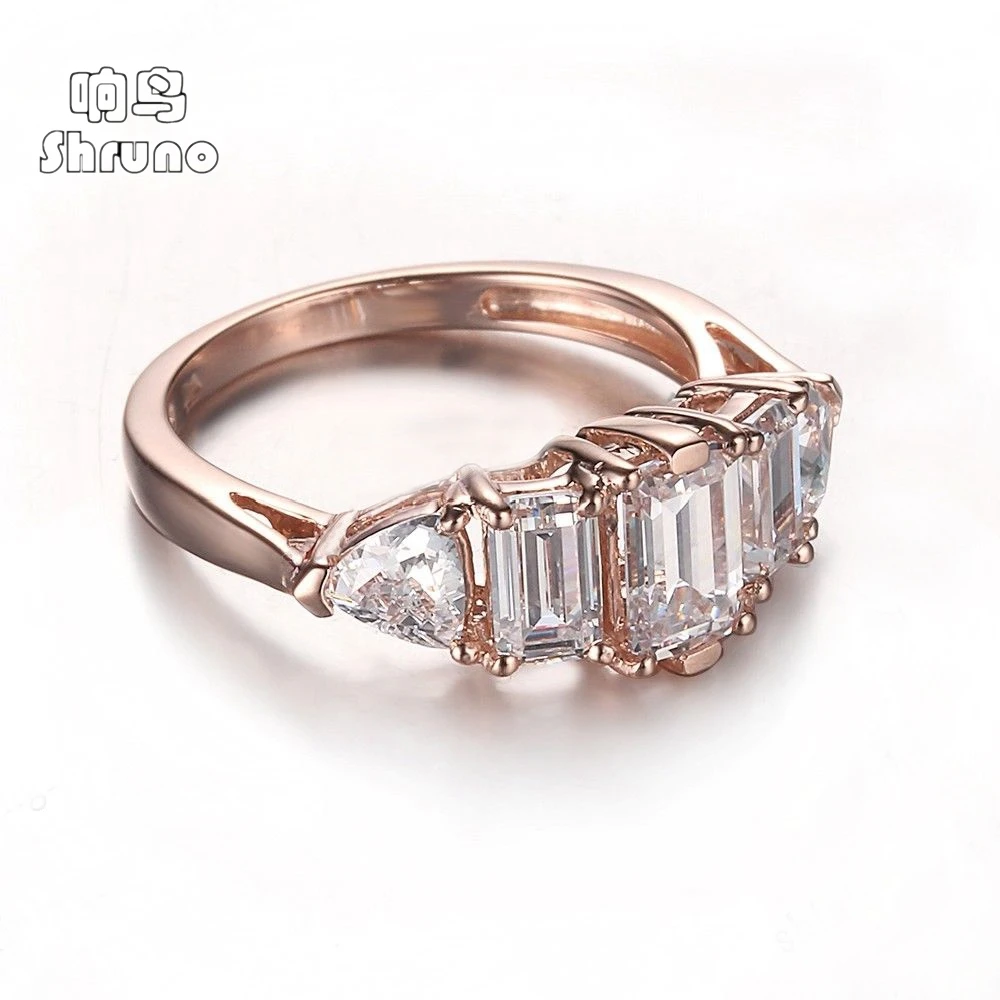 Shruno Solid 14K Rose Gold Emerald Cut DEF Color Moissanite Engagement Wedding Ring Anniversary Gift for Women Fine Jewelry