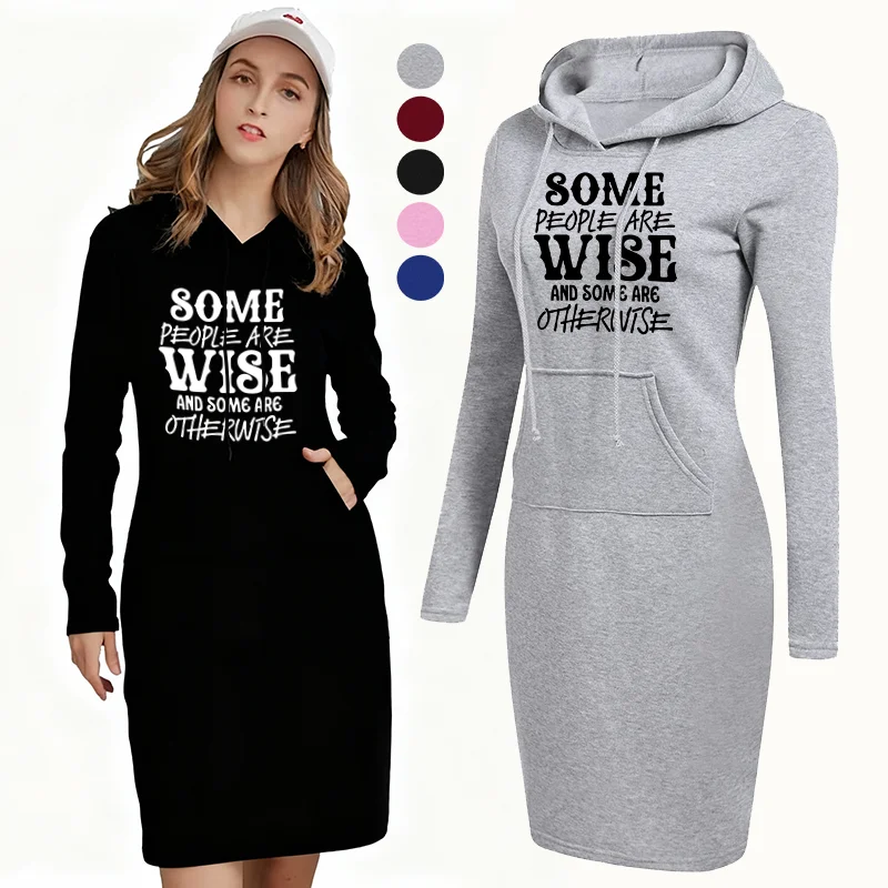 Algunas personas son sabios y algunos son otherwtse Vestido con capucha Vestido suéter suelto de manga larga de longitud media para mujer