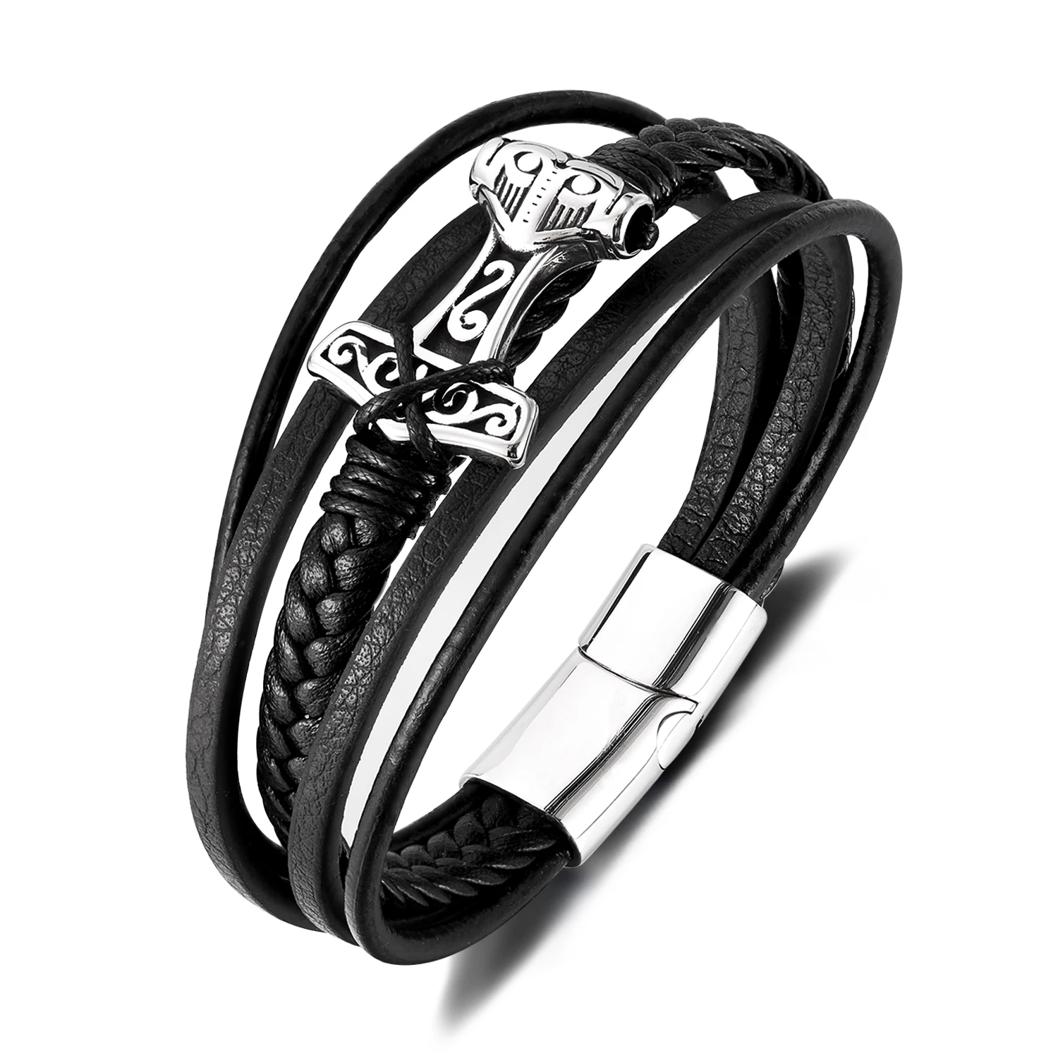 

Men’s Vintage Geometric Leather Bracelet – Multi-Layer Braided Wristband with Stainless Steel Accents, Retro European Style