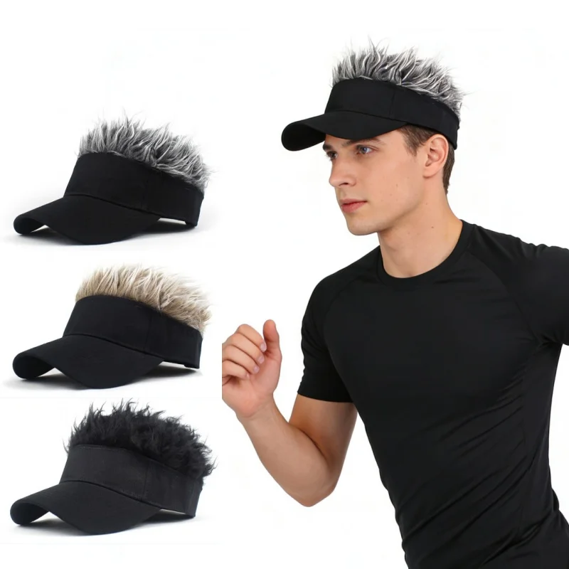 Men Synthetic Short Hair Spiked Wig Golf Baseball Cap Fake Hair Hat Adjustable Sunshade Visor Fancy Performance Hip-Hop Headwear