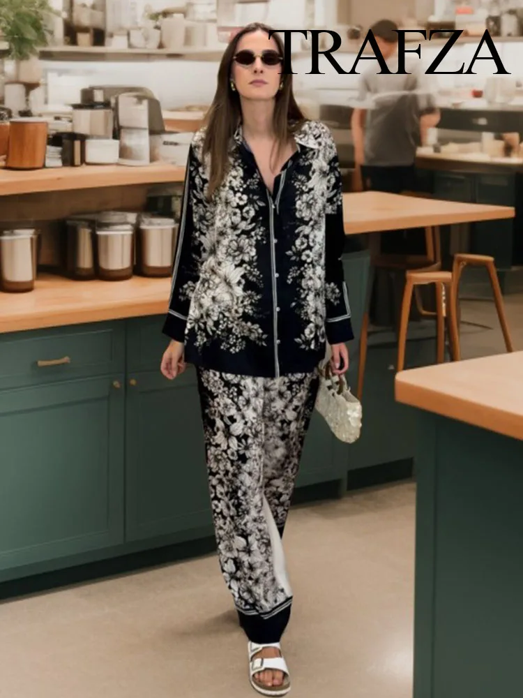 

TRAFZA Women's Pant Suit Fashion Versatile Lapel Single Breast Print Loose Long Sleeve Shirt+Chic High Waist Drawstring Trousers