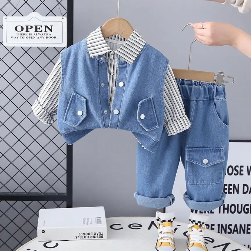 

Children Boys Clothing Suits Korean Style Denim Pocket Vest+Striped Shirt+Pants 3Pcs Kids Bebe Tracksuits Toddler Costume Sets