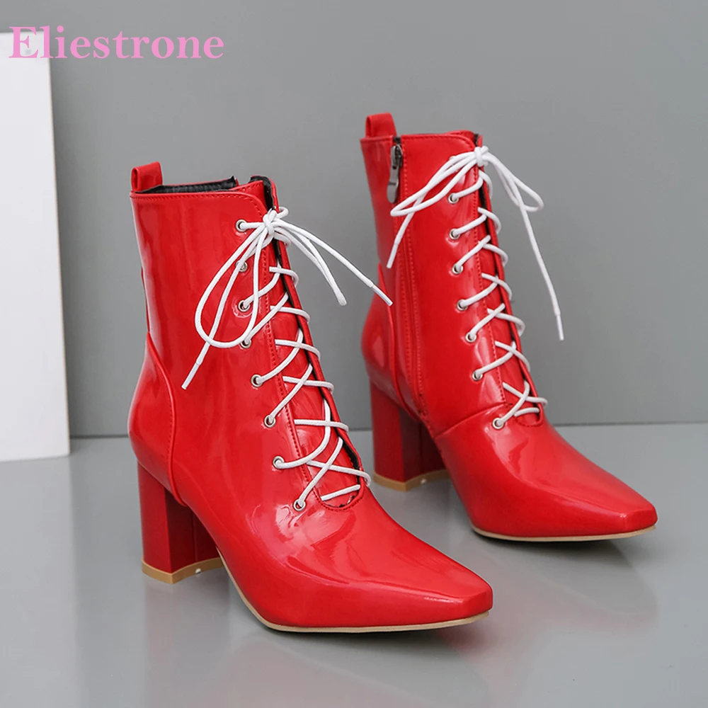 

Совершенно новые удобные красные, белые женские ботильоны на высоком квадратном каблуке, женские свадебные туфли, большие размеры 11,3, 45, 47