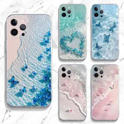 Blue Butterfly Ocean Waves Phone Case For iPhone 15,14,13,12,11 Plus,Pro,Max,XR,XS,X,7,8 Plus,SE,Mini Transparent Silicone Soft