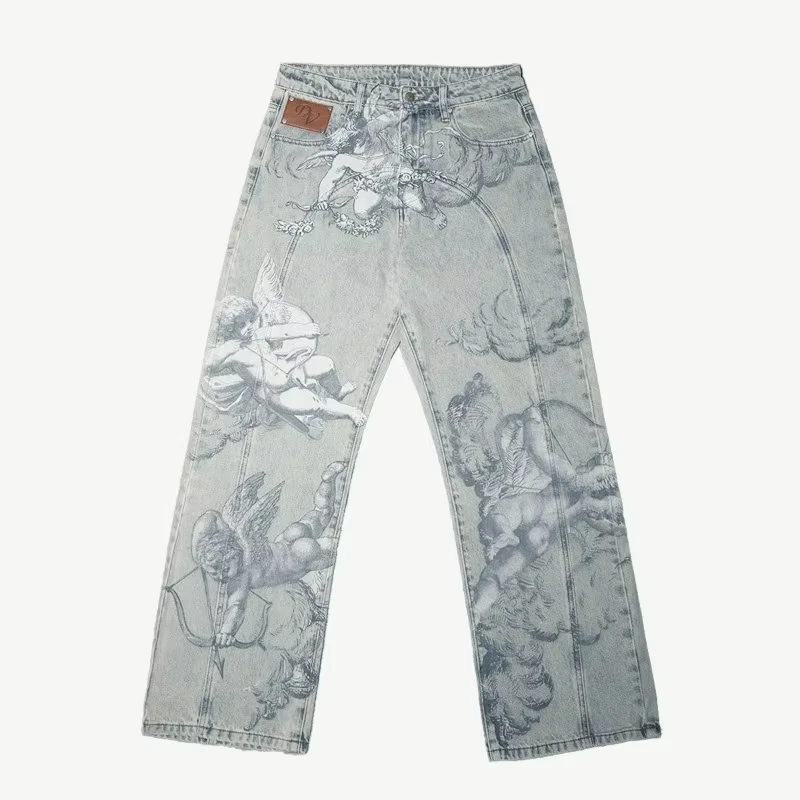

Y2k Retro Baggy Jeans Trendy Cupid Angel Pattern Men Women Pants American Hip Hop Streetwear Unisex Casual Straight Leg Jeans