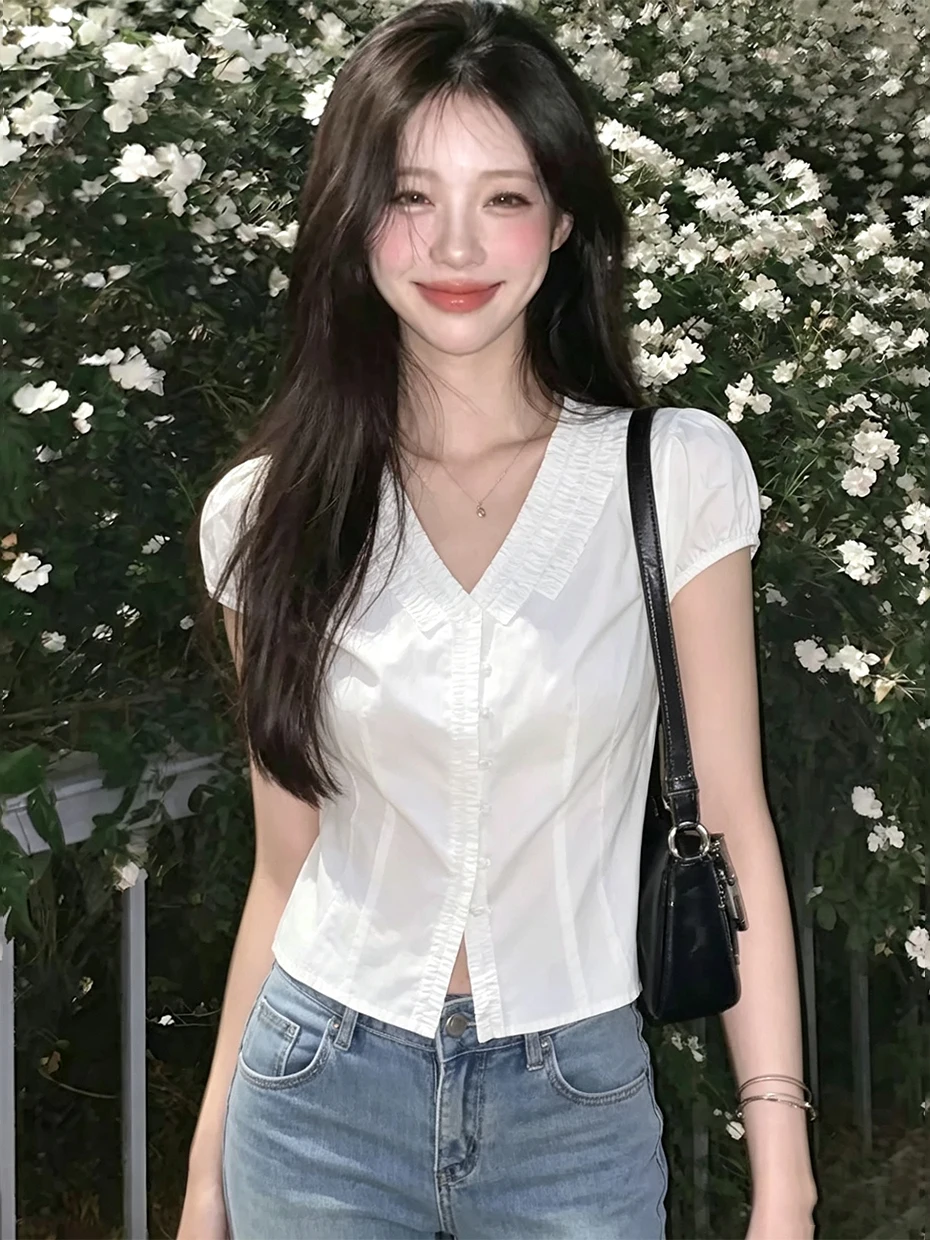 

Women's V-neck Bubble Sleeve Shirt Short Waist-cinching Korean Style Commute Fashion White Top Summer Unique Beautiful