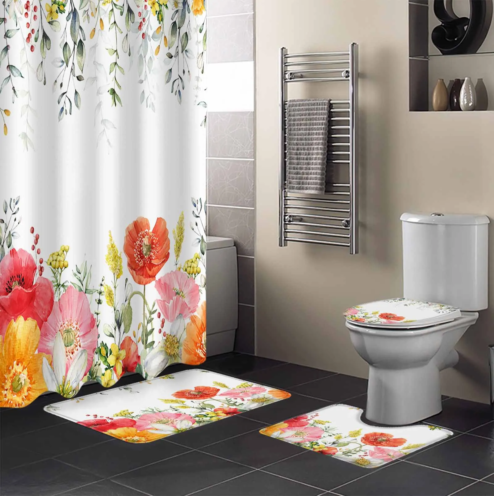 Spring Tulip Flowers Leaves Shower Curtain Non-Slip Rugs Toilet Lid Cover and Bath Mat Bathroom Curtains with Hooks