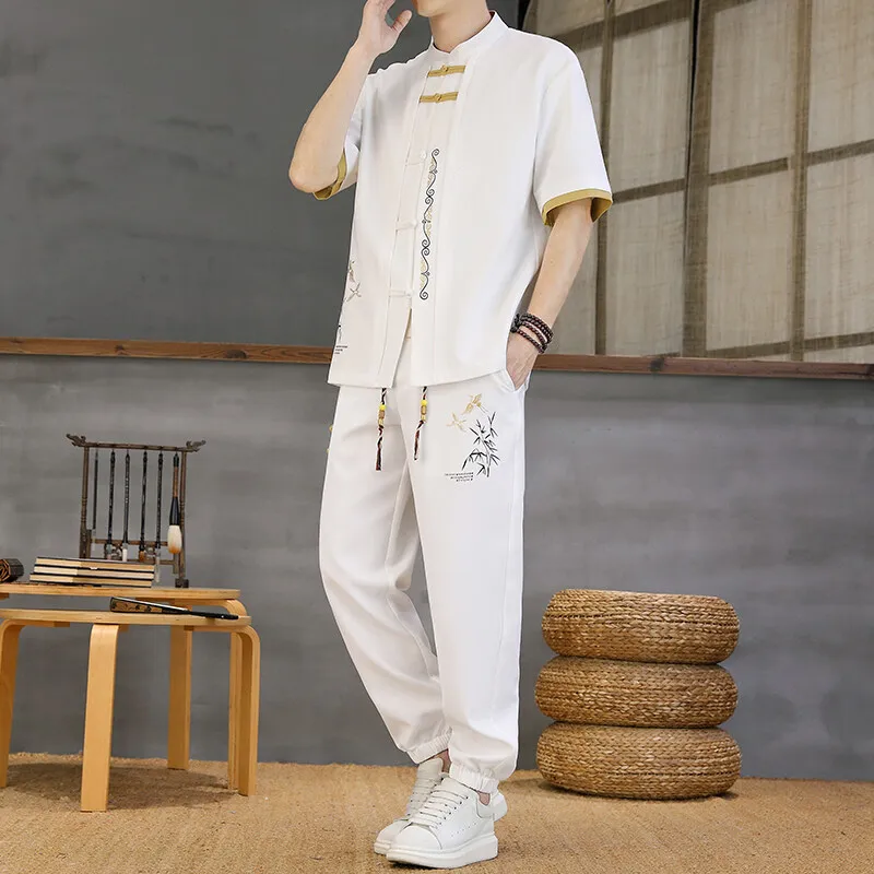 

2025 Summer New Men's High Quality Chinese Style T-shirt+Pants Men's Single breasted Casual Set