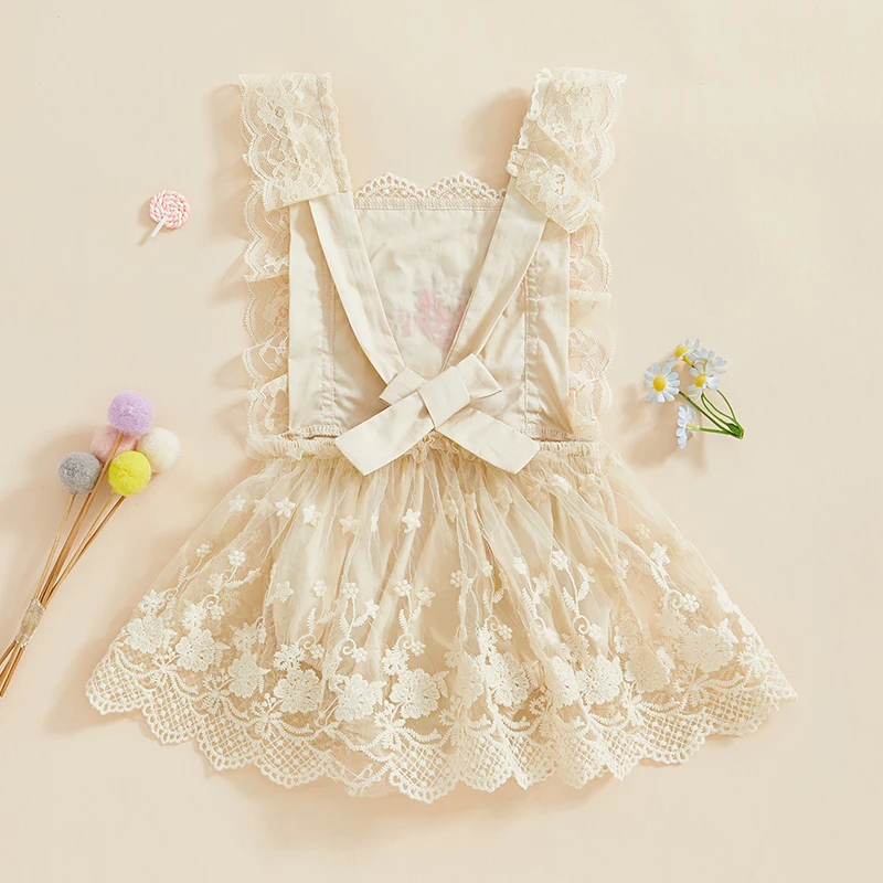 Baby Girls Summer Romper Dress Square Collar Sleeveless Strawberry/Letter Embroidery Lace Tulle Patchwork Bodysuit