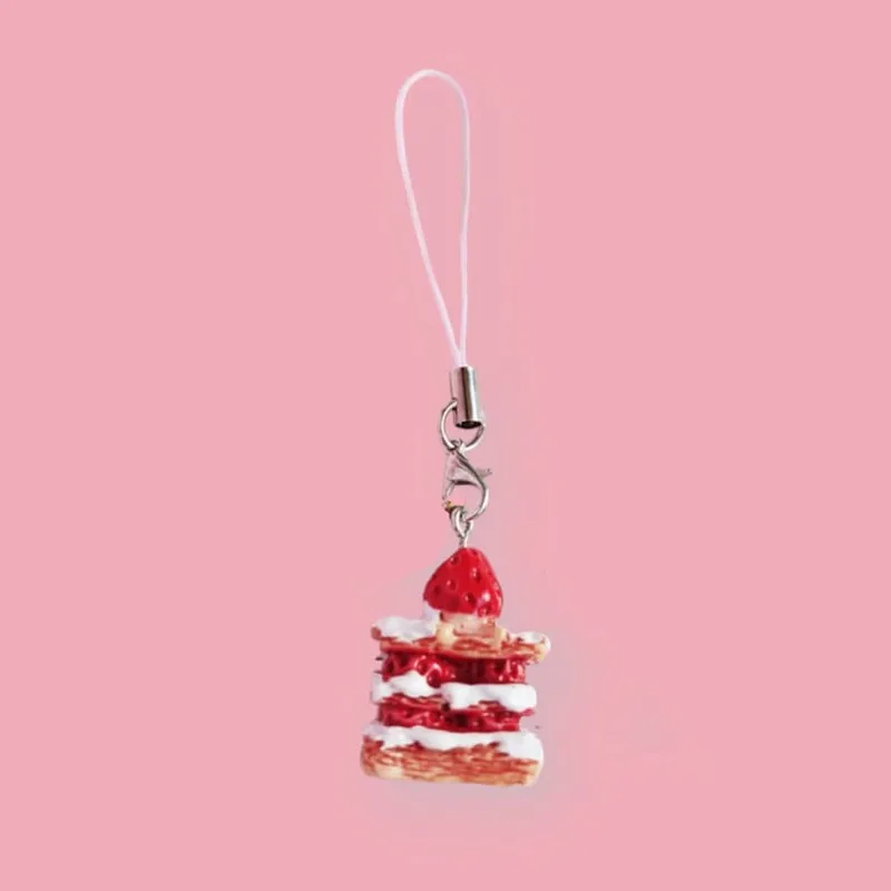 Cute Strawberry Cake Phone Lanyard Crepe Cake Phone Charm keychain sweet gift