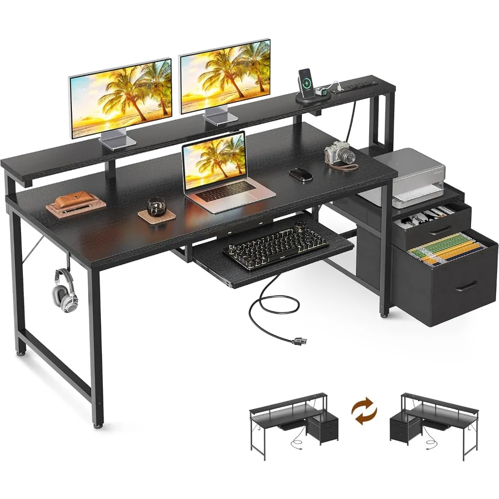 

63" Computer Desk with Drawers and Keyboard Tray, Office Desk with Power Outlet and Printer Space, Reversible Study Work Desk w