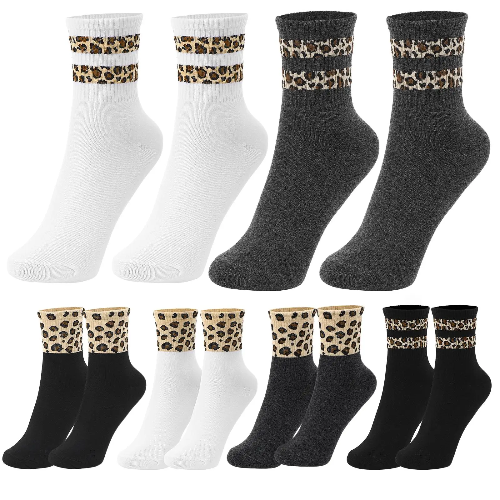 6 Pairs Leopard Print Socks Women Cheetah Cotton Animal Crew Fashion Comfort Elastic Classic Everyday Sport Style Soft Trendy