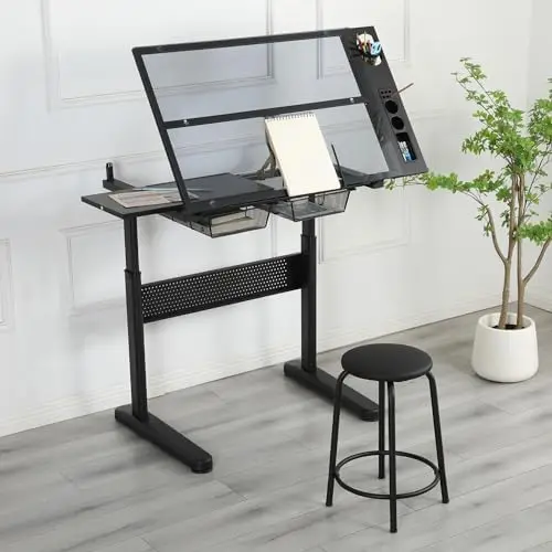 Glass Craft Table Drawing Desk – Drafting Tables Hobby Table Writing Studio Art Artist Desk with Adjustable Tilted