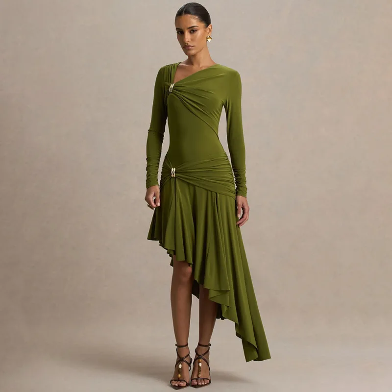 Herbst 2026 Neuer Modestil Elegantes Figurbetontes Sexy Gerafftes Unregelmäßiges Bodycon-Kleid Sommer Maxikleid Y2k, Luxuriös Elegant