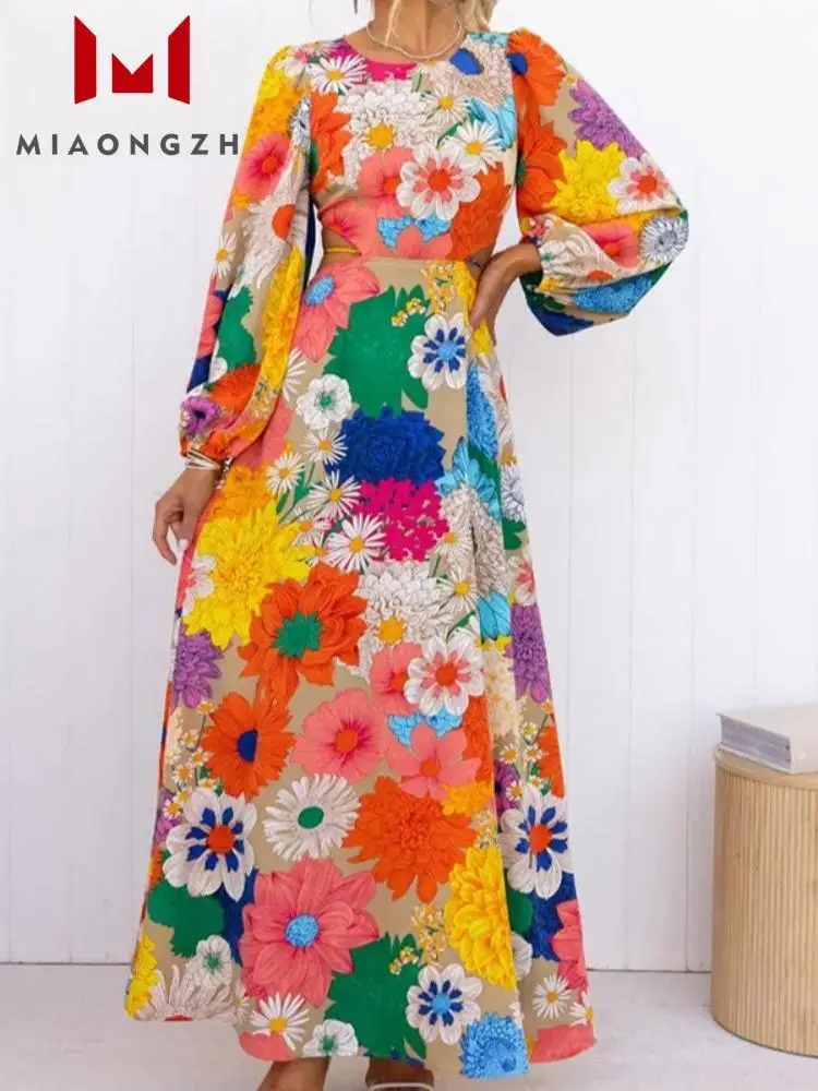 

2023 New Autumn Vintage Printing Dress Woman Lantern Sleeve Flower Elegant Long Dresses Spend Holidays Maxi Fashion Female Robes