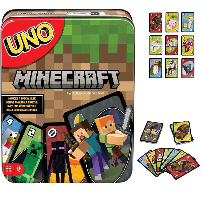 

Mattel Games UNO Minecraft New Edition Card Game New Rules Family Night Trip Camping and Party Board Game Holiday Party Tin Box