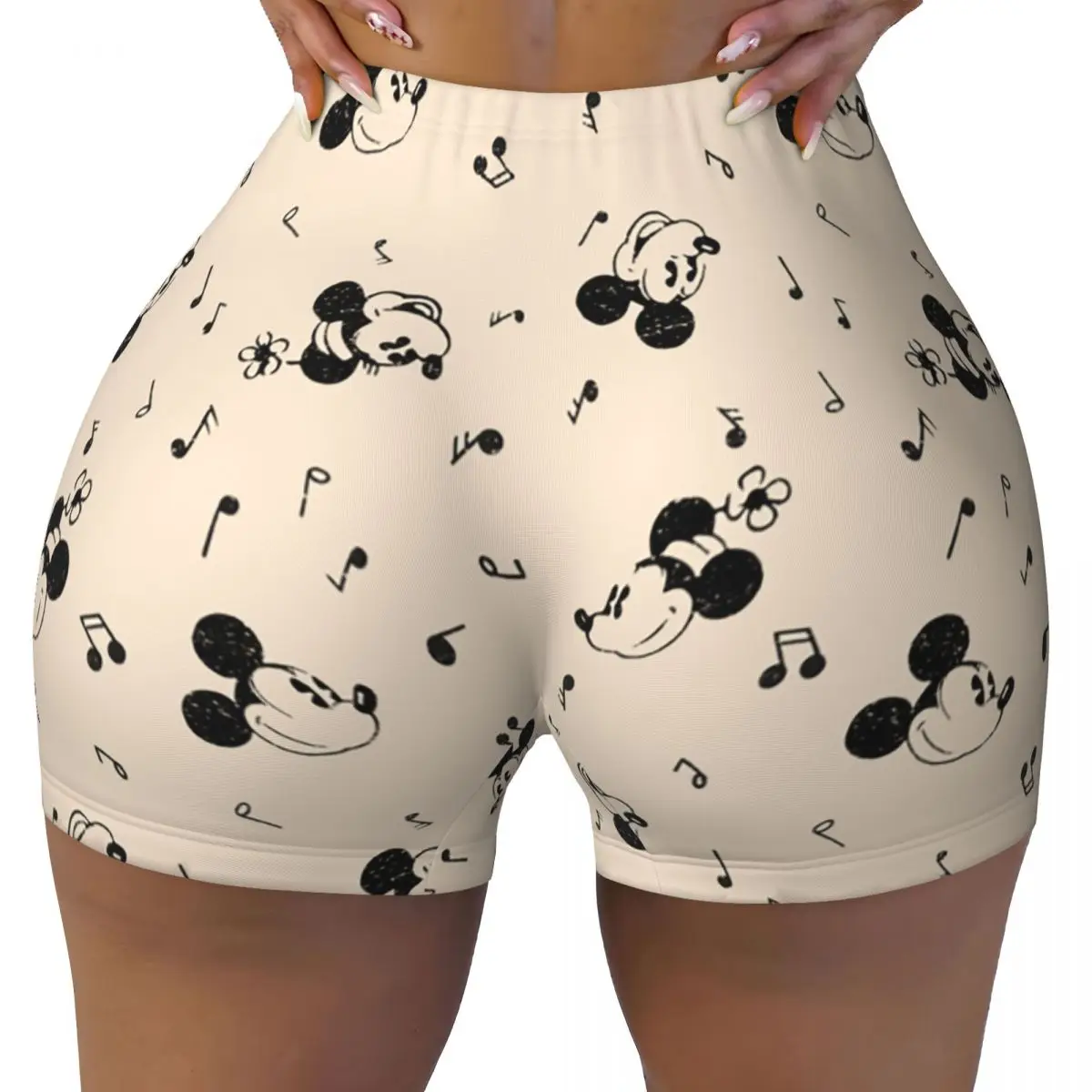 Women Lift Yoga Sports Tight Shorts Vintage Mickey Minnie Music Pattern Honey Peach Hip Shorts Fitness Leggings