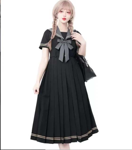 Sweet Japanese Uniform Short Sleeve Navy Collar Black Long Dress Age Reduction College Summer High Waist A-line Pleated Dresses