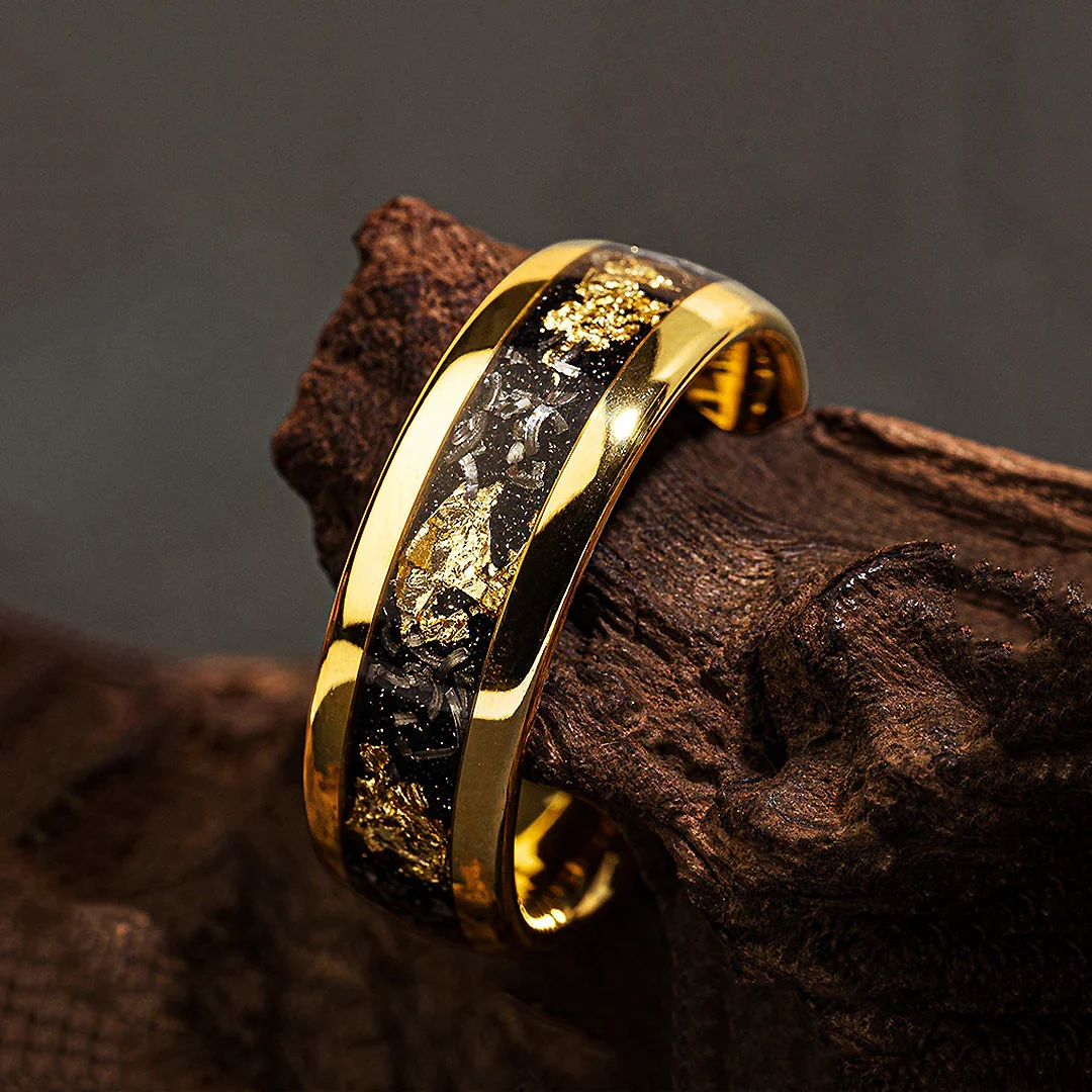 Mens Gold Leaf Flakes Wedding Band with Crushed Meteorite,Unique Wedding Band, Gold Ring, Mens Wedding Band, Tungsten Ring