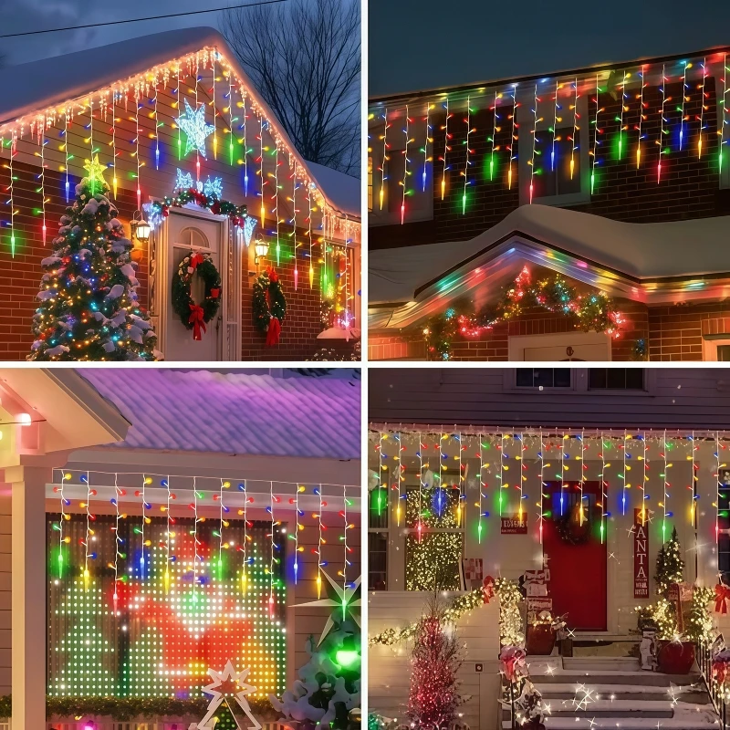 Solar-Powered Christmas Icicle String Lights 96/162LED 8 Modes of Fairy Twinkling Rope Lights Hanging Curtain Waterfall Lights