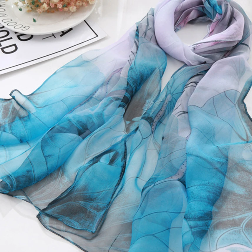 New Lotus Floral Summer Women Imitation Silk Scarf Bandana Chiffon Georgette Bandana Elegant Shawl Hijab Hairscarves Beach Scarf