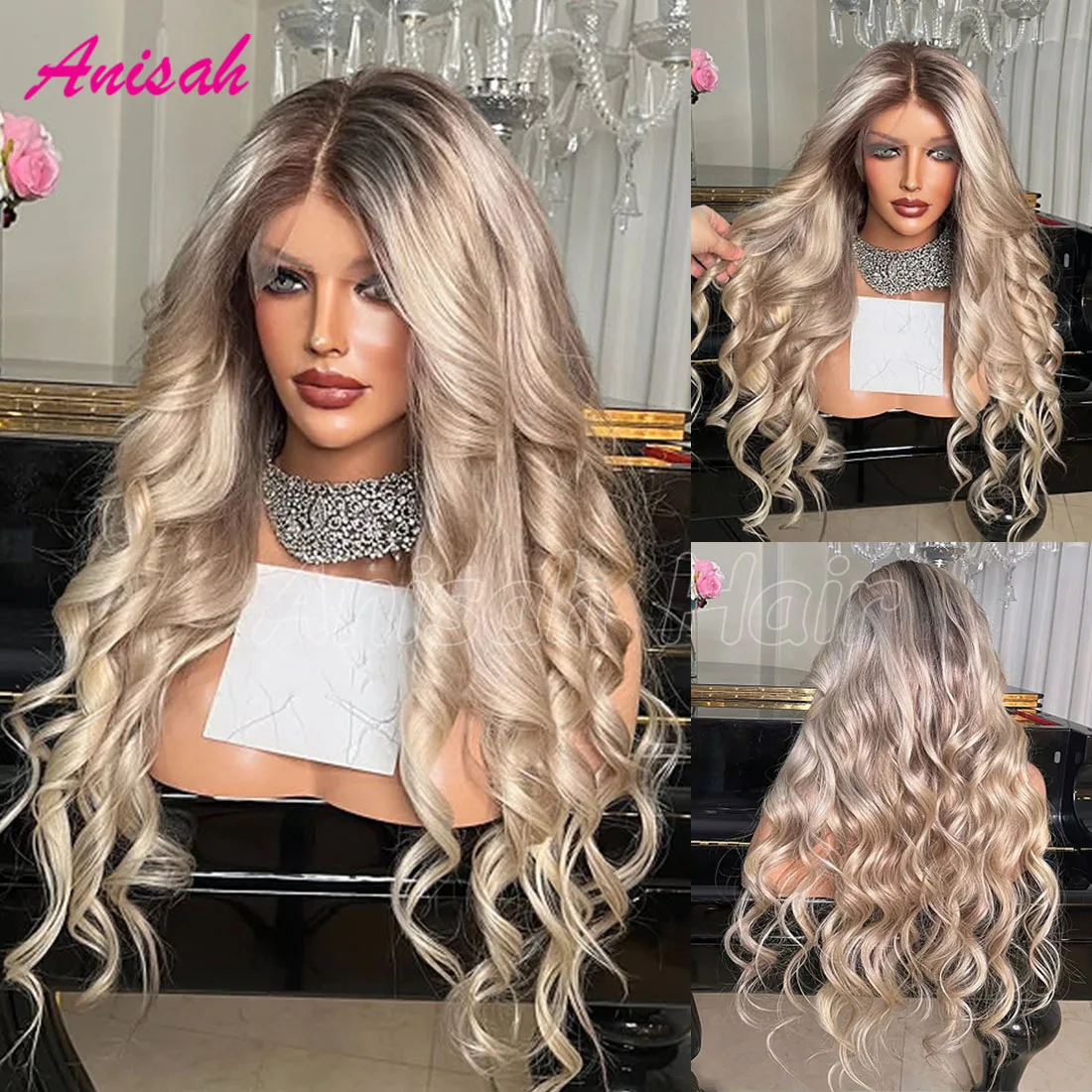 

Ombre Ash Blonde Brazilian Virgin Hair Lace Frontal Human Hair Wig For Women Loose Wave 5x5 Lace Closure Glueless Wig PrePlucked