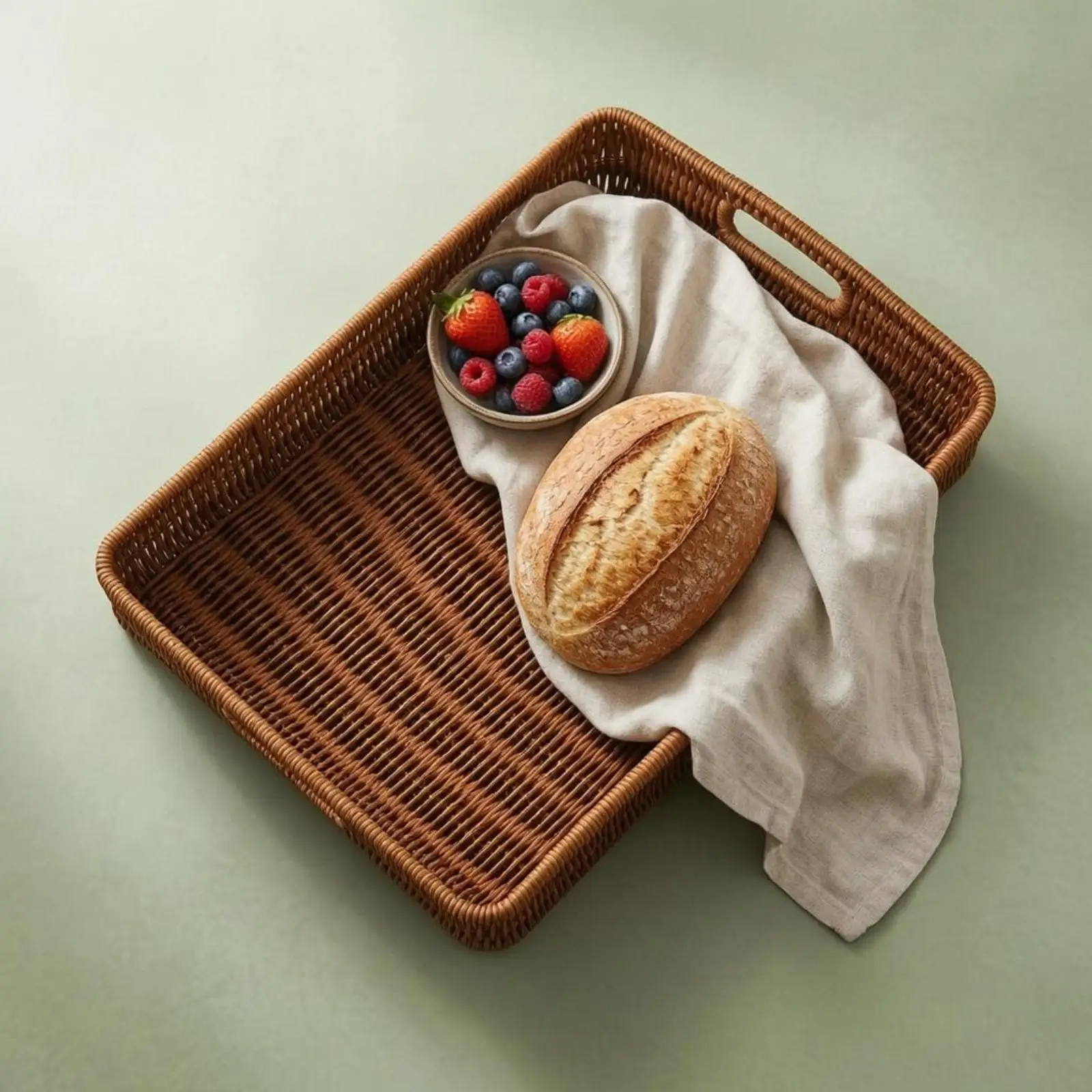 Woven Serving Tray Bread Basket Rectangular Polypropylene Construction with Cutout Handles for Kitchen Counter Organization
