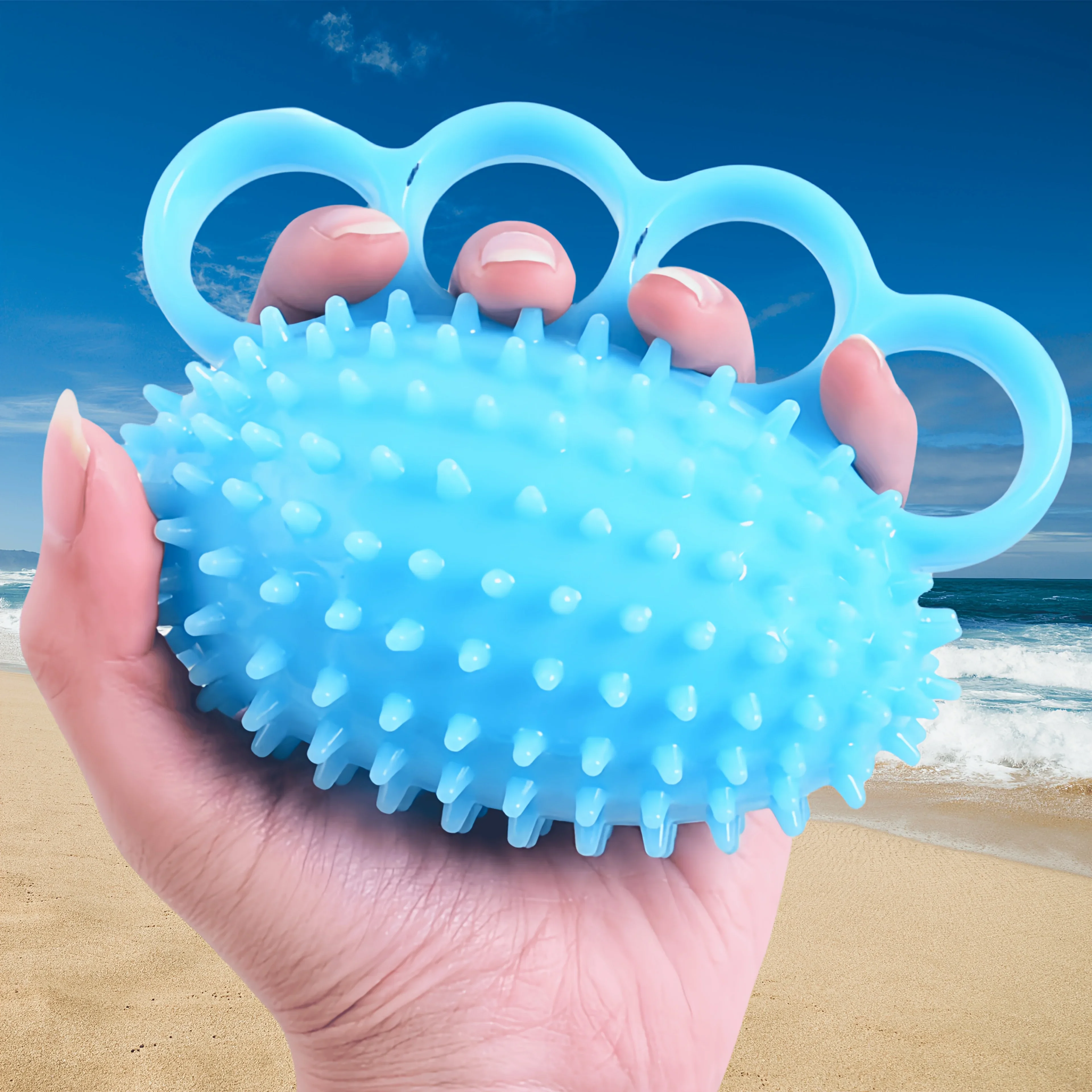 Spiky TPR Four‑Finger Grip Squeeze Ball, Hand Massage Trainer for Stress Relief Hand Power & Finger Strength Fitness Tool